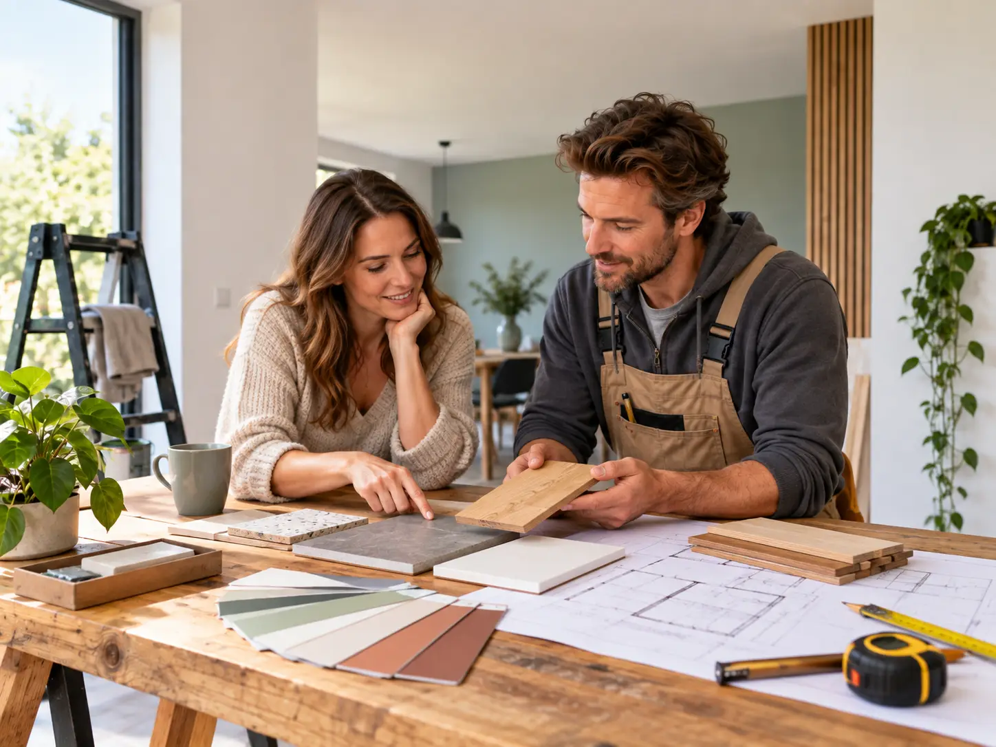 Mensen bespreken materialen en plannen voor een klus, renovatie of verbetering van een woning.