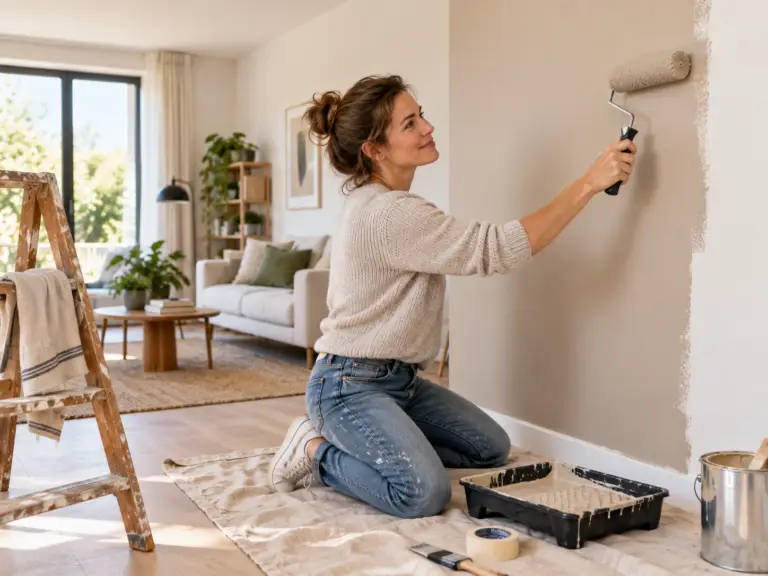 Persoon voert schilderwerk uit in een moderne woning als onderdeel van een klus of renovatie.