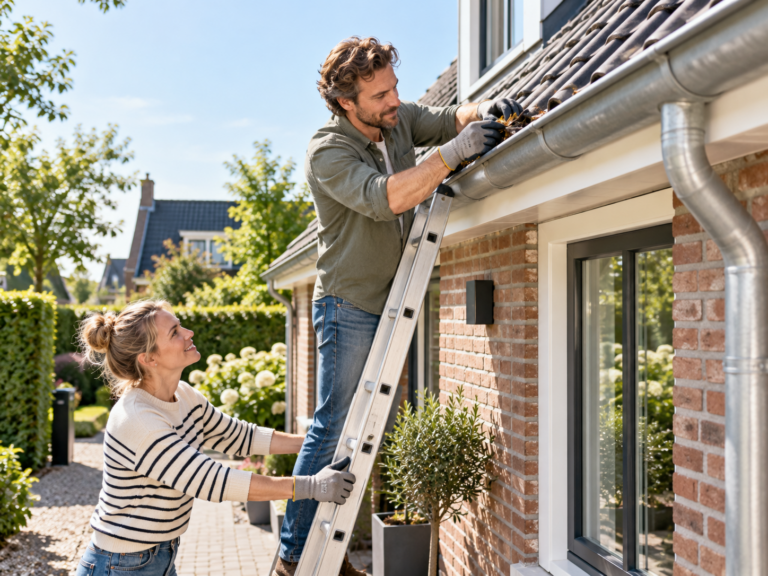 Twee mensen voeren praktisch onderhoud uit aan een woning als onderdeel van huisonderhoud en kluswerk.