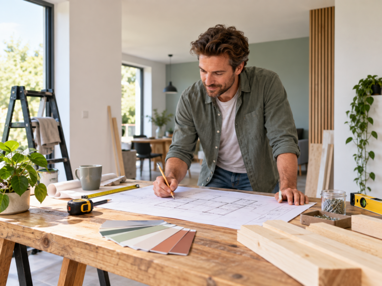 Persoon bereidt een klus- of renovatieproject in huis voor met plannen, materialen en gereedschap.